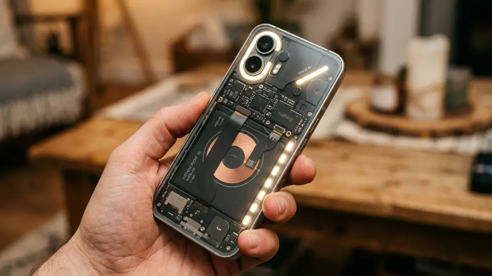 Nothing Phone 4b Review: Is Nothing's Cheapest Phone Worth It? 3 Close-up of Nothing Phone 4b transparent back panel and Glyph Bar