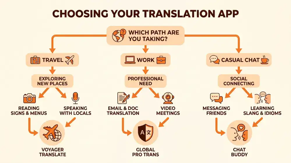 Best Translation Apps in 2026: The Complete Guide 6 Decision tree showing translation app choices for travel, work, and chat