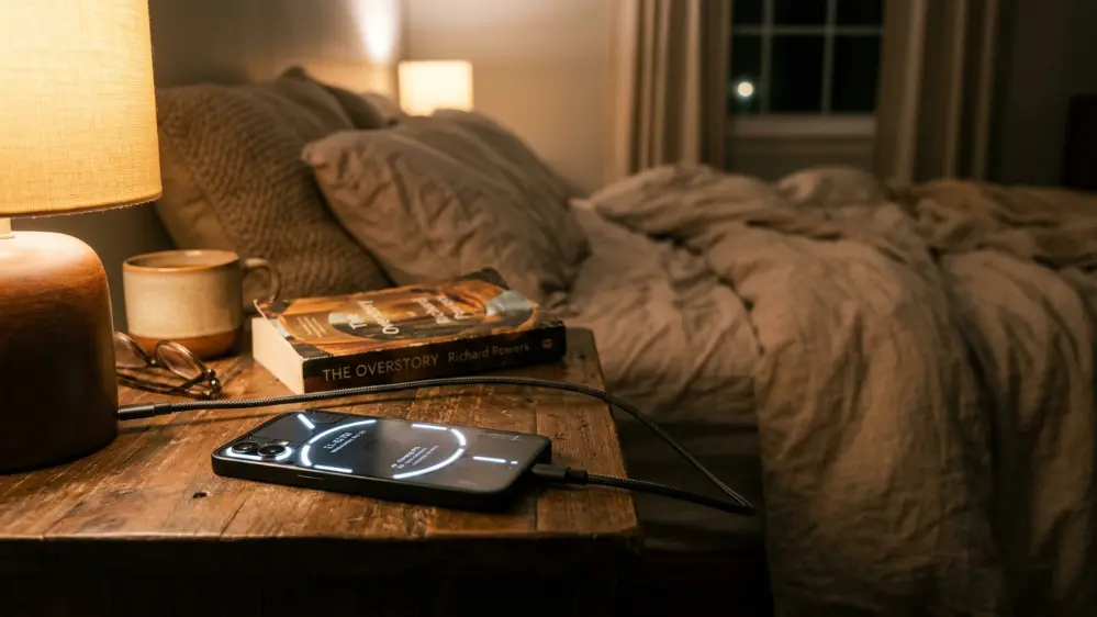 Nothing Phone 4b Review: Is Nothing's Cheapest Phone Worth It? 7 Nothing Phone 4b charging overnight on a nightstand
