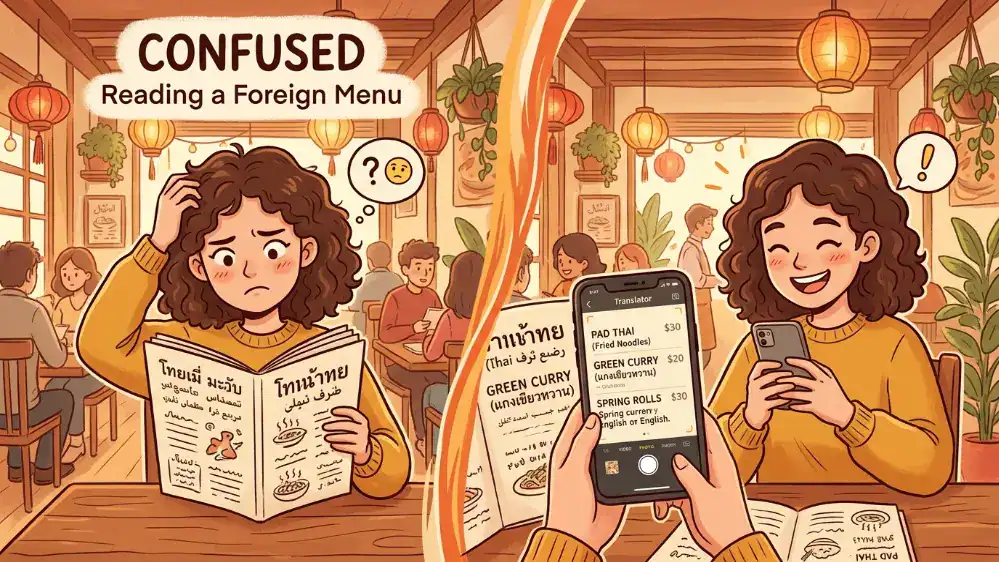 Best Translation Apps in 2026: The Complete Guide 3 Person confused by a foreign menu next to someone using a translator app