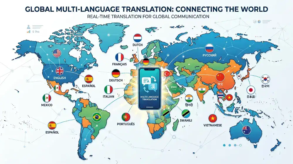 World map with language icons connected to a smartphone
