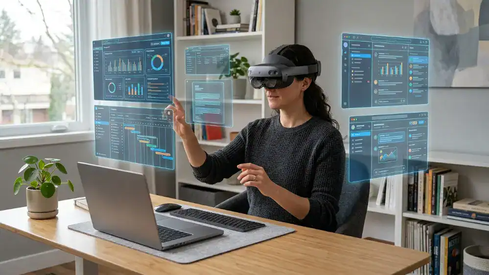 Apple Vision Pro vs Meta Quest 3: Which One Should You Buy? 5 Apple Vision Pro productivity experience with floating virtual screens in home office