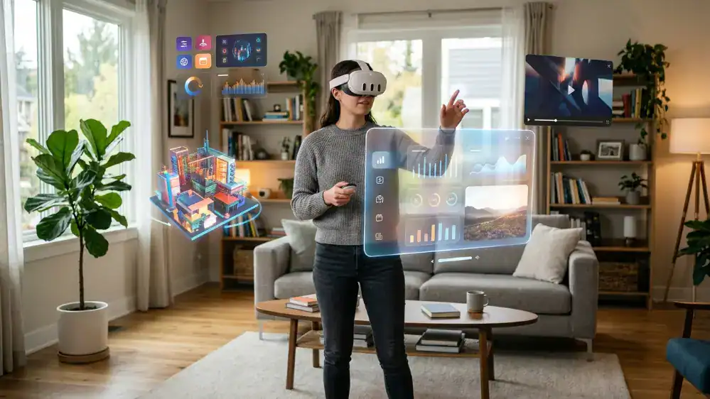 What Can You Do With Meta Quest 3? Best Uses, Features, and Fun Things to Try 4 Meta Quest 3 mixed reality experience with floating digital windows in a living room
