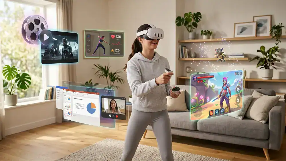 What Can You Do With Meta Quest 3? Best Uses, Features, and Fun Things to Try 30 Person using Meta Quest 3 for gaming, movies, fitness, productivity, and mixed reality