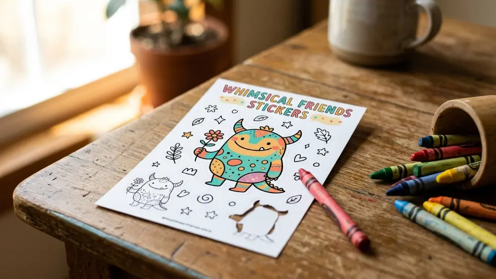 A printed Stickerbox sticker ready to be colored in with crayons