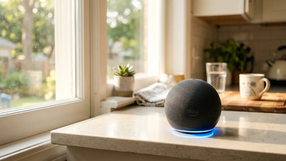 Alexa+ powered smart speaker glowing on a kitchen counter