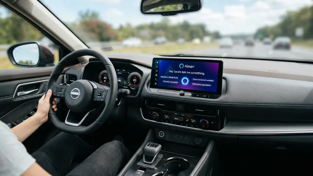 Alexa+ powered voice assistant integration inside a car dashboard
