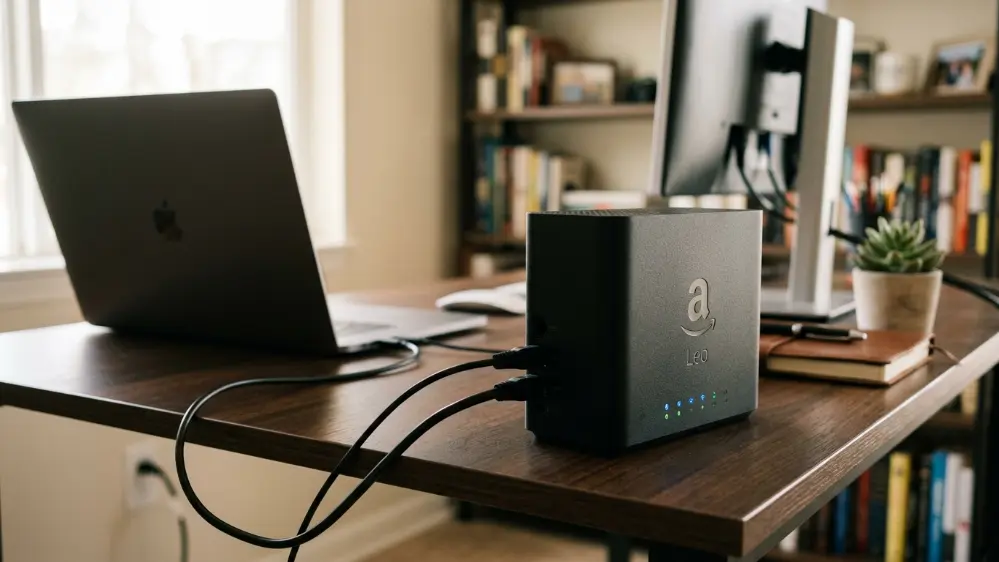 Amazon Leo Explained: Is Amazon's New Satellite Internet a Starlink Rival? 5 Amazon Leo satellite internet router on a home office desk