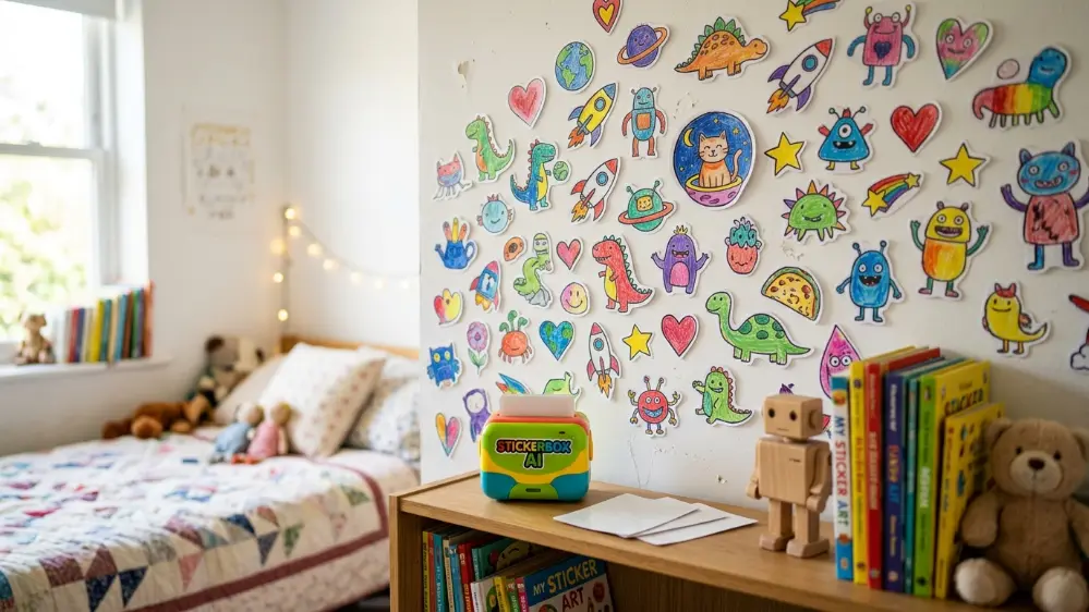 Bedroom wall decorated with stickers made using the Stickerbox AI toy