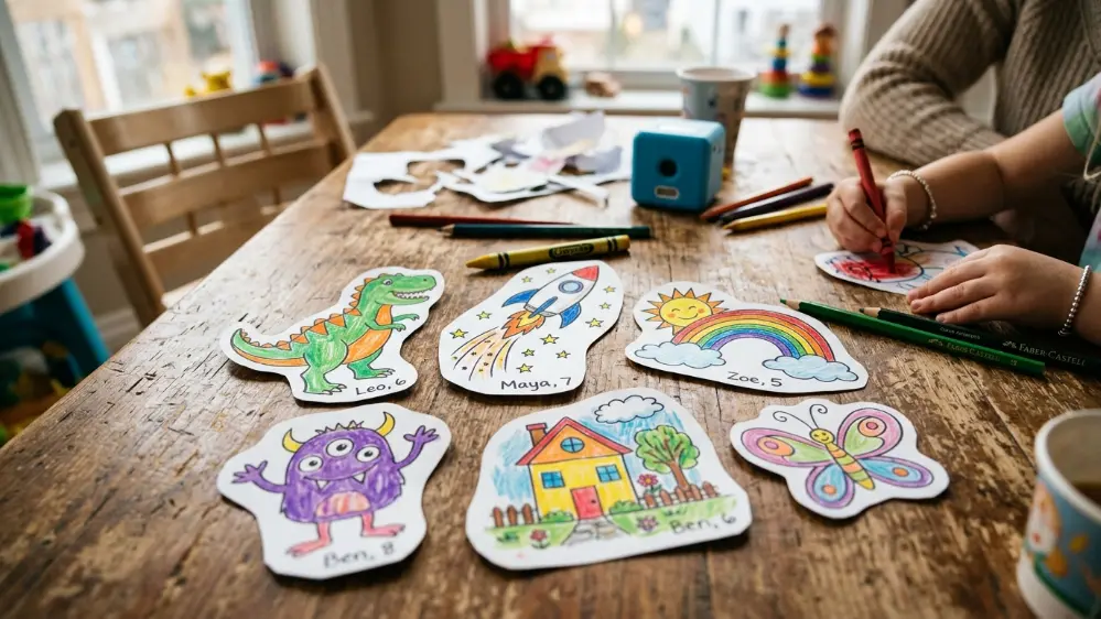 Collection of colored in stickers created with the Stickerbox AI toy