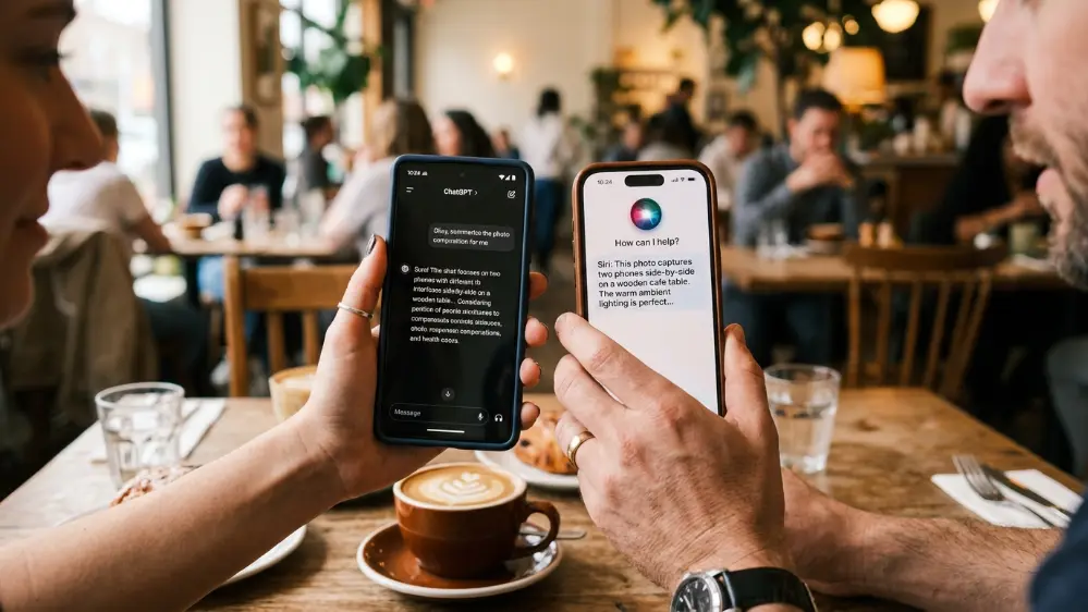 Comparing Siri AI and ChatGPT side by side on two smartphones