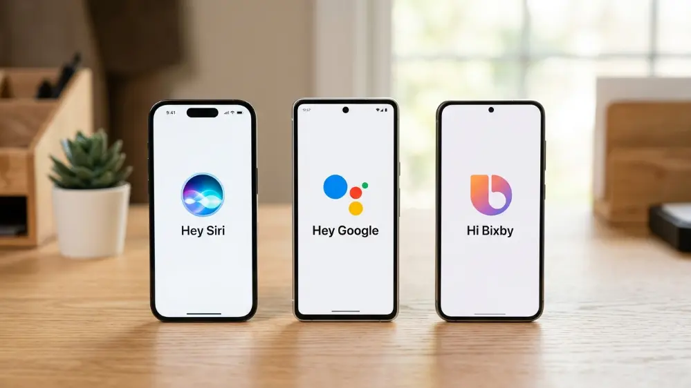 Comparison of ChatGPT Gemini and Siri AI displayed on three smartphones