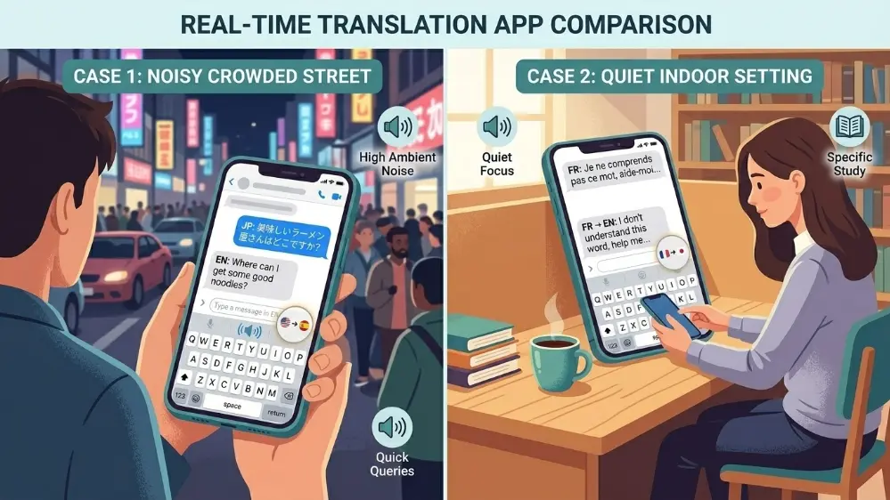 Google Translate Voice App: Speak and Translate Instantly 5 Comparison of a noisy street and a quiet room for voice translation