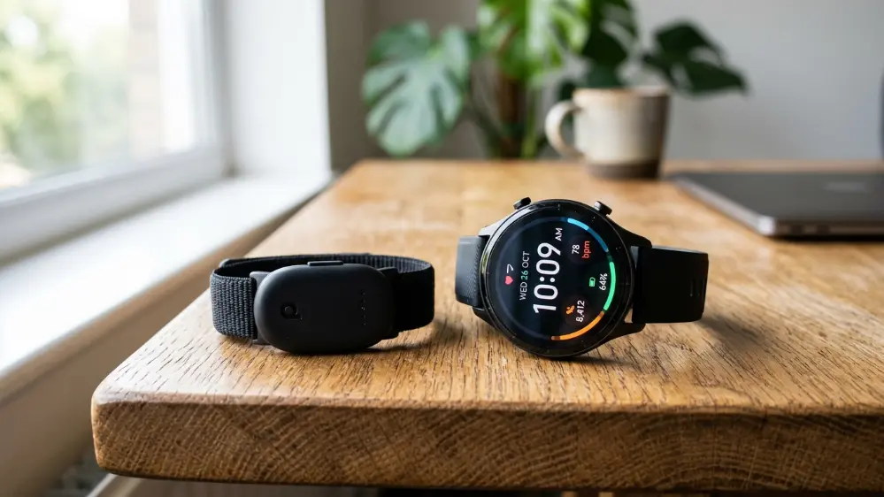 Comparison of a screenless fitness tracker next to a full featured smartwatch