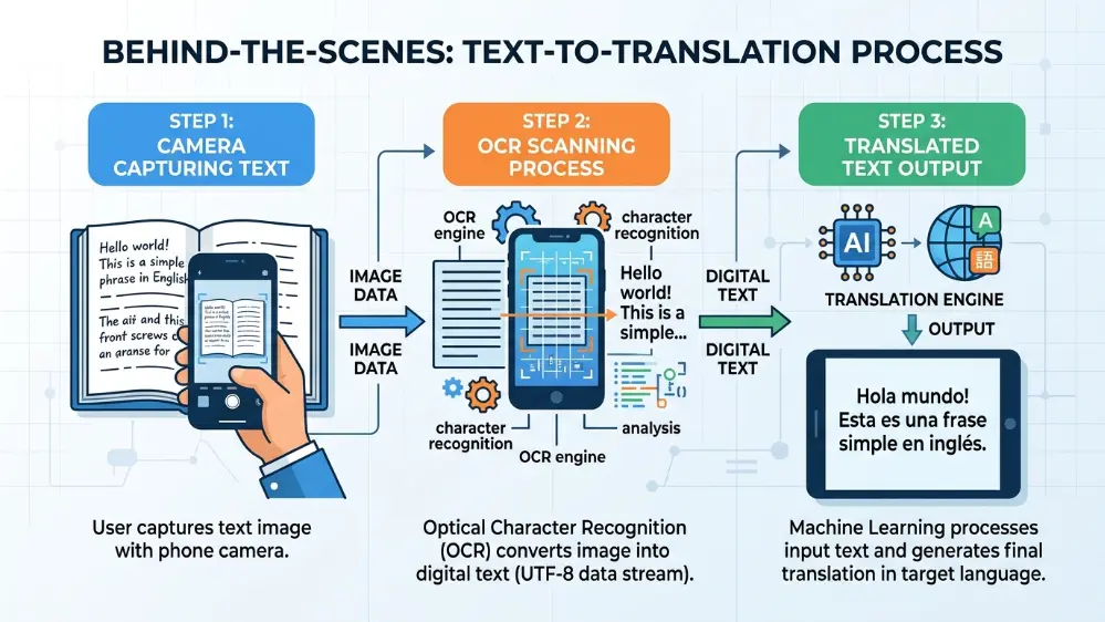 Google Translate Camera & Photo Translation: How It Works 3 Diagram showing camera capture, OCR scanning, and translated text output