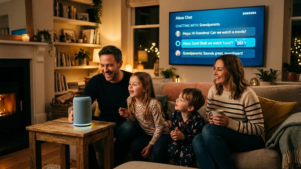 Family using Alexa+ across smart speaker and smart TV devices at home
