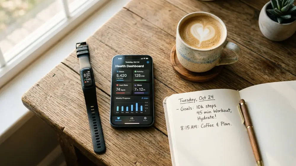 Fitbit Air tracker as part of a morning wellness routine flat lay