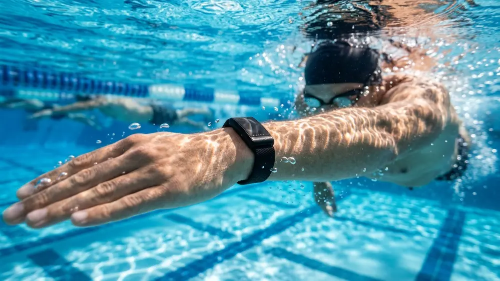 Fitbit Air worn while swimming showing water resistance