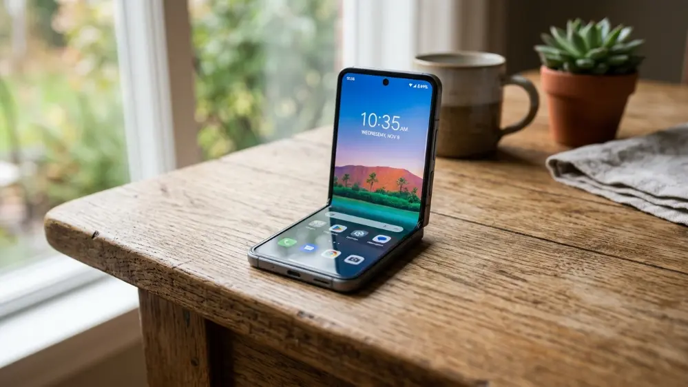 Samsung Galaxy Z Flip 8: Release Date, Rumors, and What to Expect 3 Foldable clamshell smartphone shown unfolded on a table