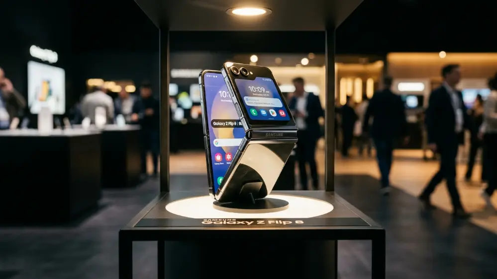 Samsung Galaxy Z Flip 8: Release Date, Rumors, and What to Expect 7 Foldable smartphone displayed on a showroom pedestal