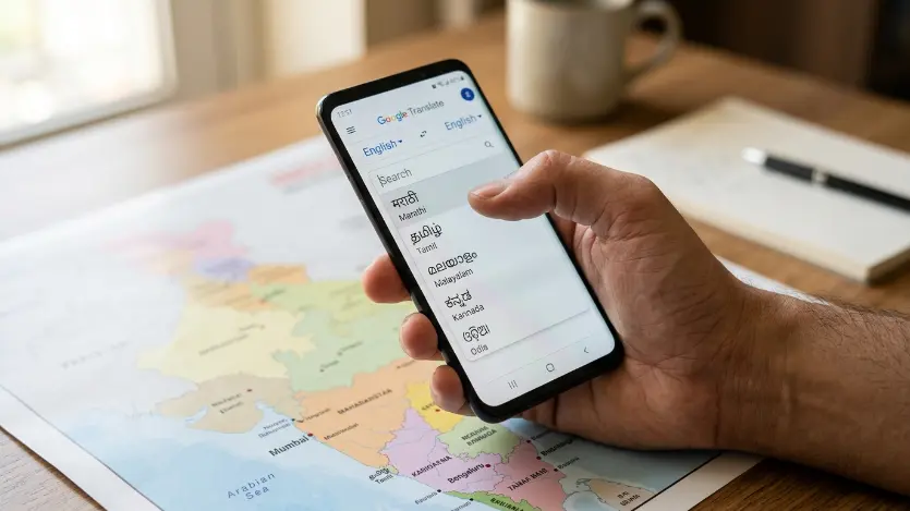 Google Translate for Other Indian Languages 5 Google Translate app showing Marathi, Tamil, Malayalam, Kannada, and Odia language options on a smartphone