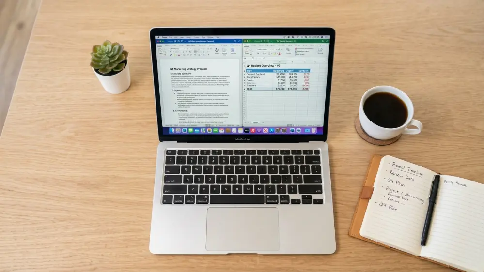 ChatGPT vs the New Siri: Which AI Assistant Actually Answers Better? 5 Laptop showing documents and spreadsheets generated by an AI work assistant
