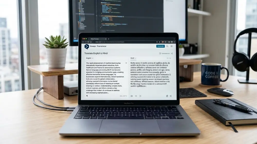 Laptop showing the Google Translate website with a translated paragraph