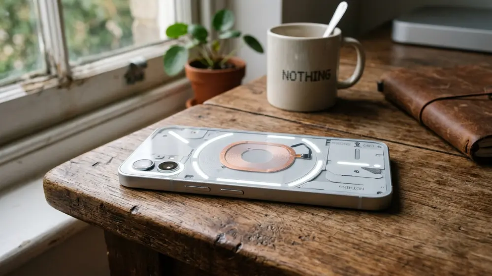 Nothing Phone 4b review unit with transparent back design on a desk