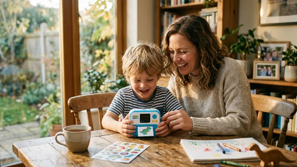 Parent and child using the Stickerbox AI toy together at home