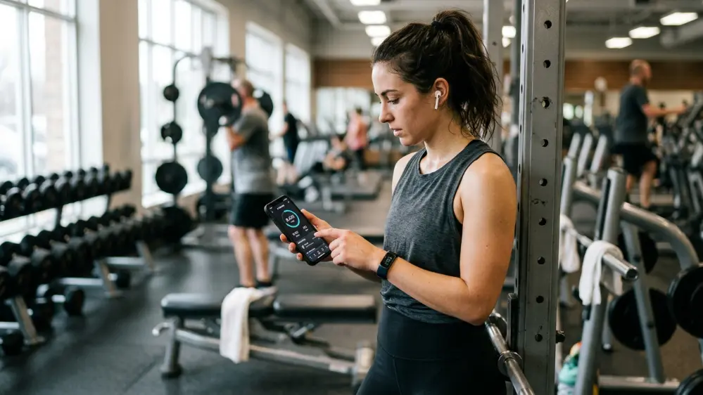 Person checking AI fitness coach advice at the gym