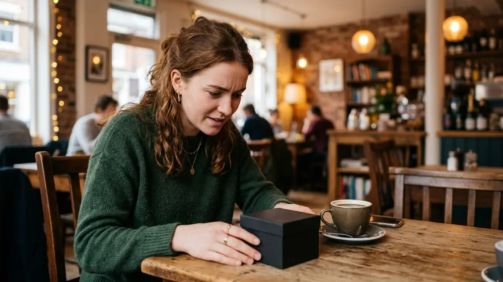 What Is OpenAI's New AI Device (the Jony Ive Project)? Everything We Know So Far 8 Person curiously examining a mysterious unreleased AI device box at a cafe