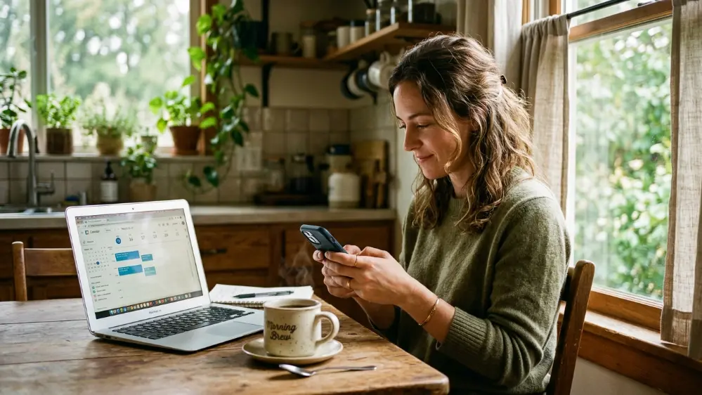 Person managing calendar, messages, and reminders through Siri AI in a morning routine