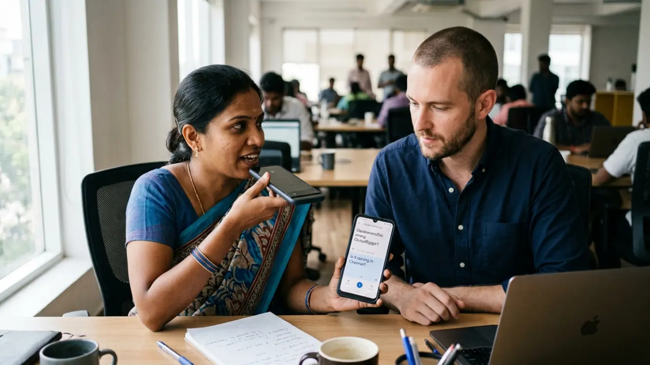 Google Translate for Other Indian Languages 4 Person on a phone call using Tamil to English voice translation
