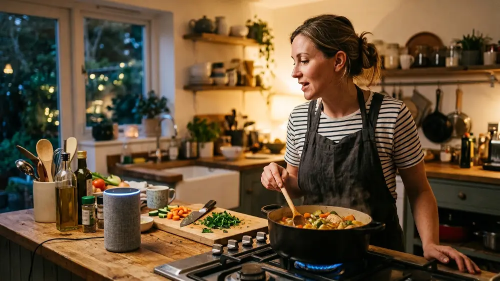 Person using Alexa+ voice assistant while cooking dinner