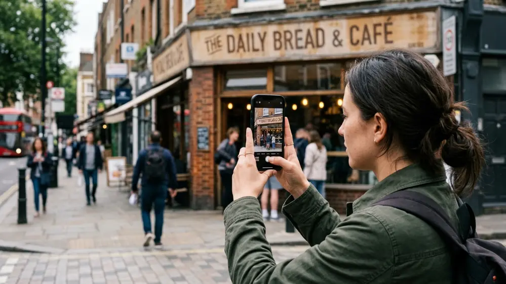 Person using Siri AI Visual Intelligence to identify a street sign through their phone camera