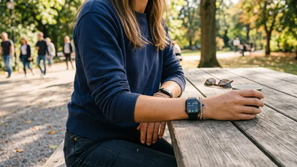 Person wearing Fitbit Air alongside a smartwatch on the other wrist