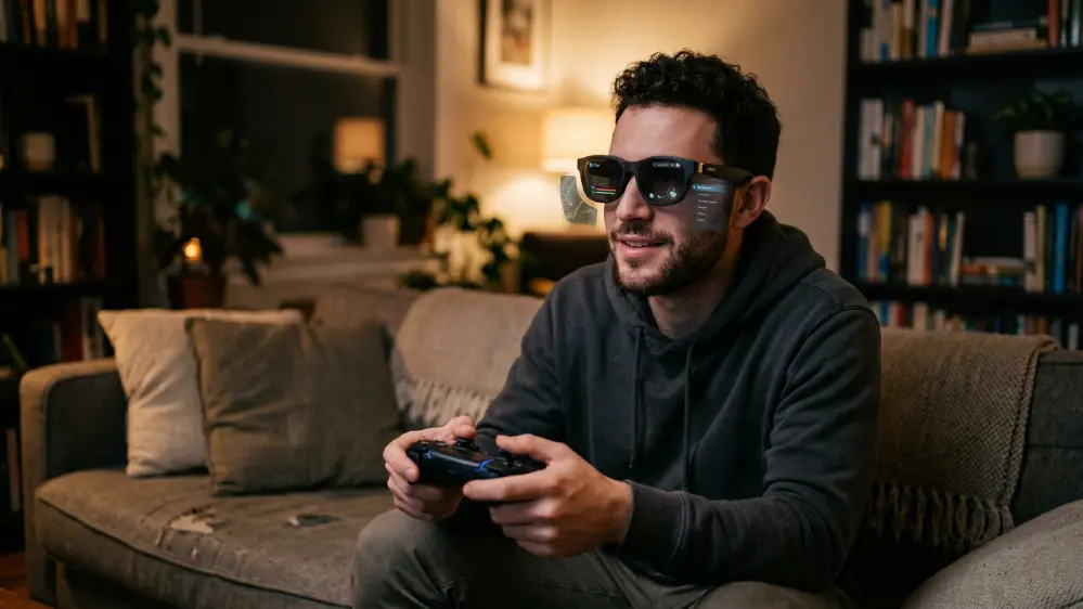Person wearing XREAL R1 AR glasses while gaming on a couch