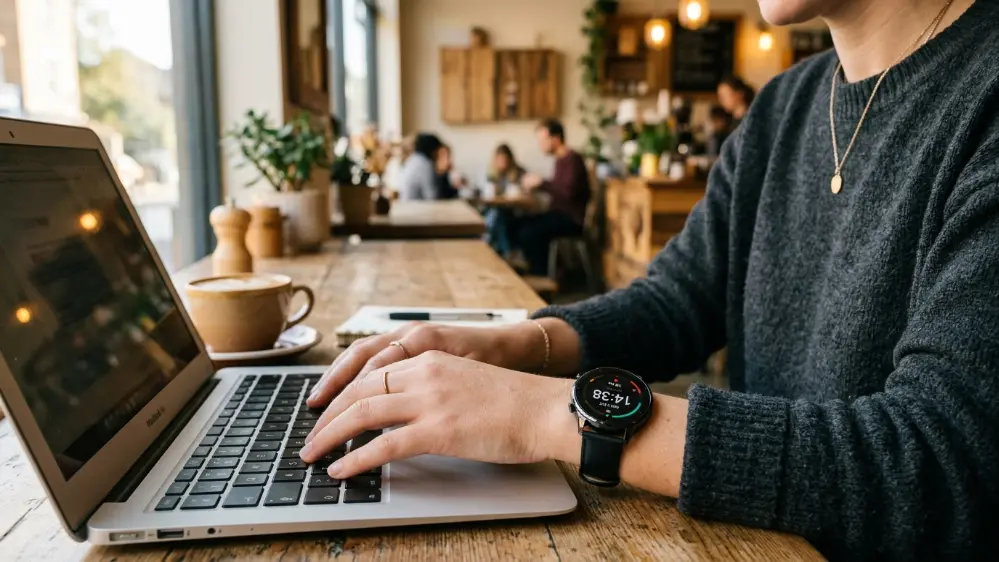 Xiaomi Watch S5 Review: The Smartwatch That Doesn't Look Like a Gadget 8 Person wearing Xiaomi Watch S5 while working at a cafe
