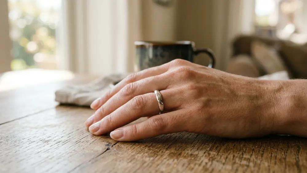 Person wearing a smart ring style health tracking wearable