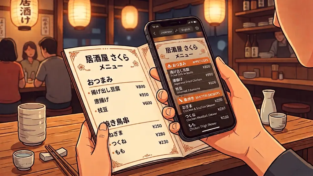 Google Translate Camera & Photo Translation: How It Works 1 Phone camera translating a foreign restaurant menu in real time