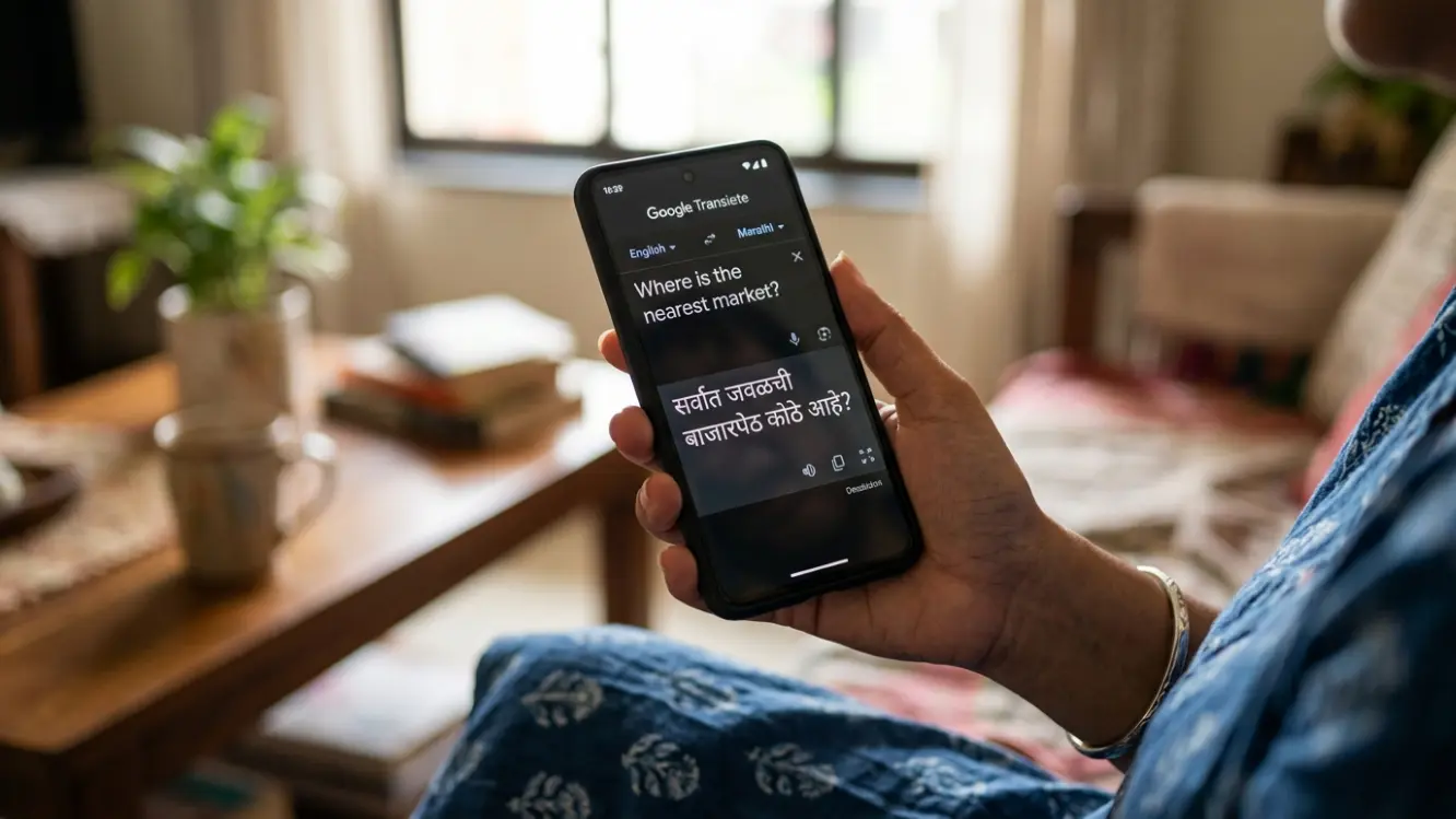 Google Translate for Other Indian Languages 3 Phone screen showing English text converted to Marathi script