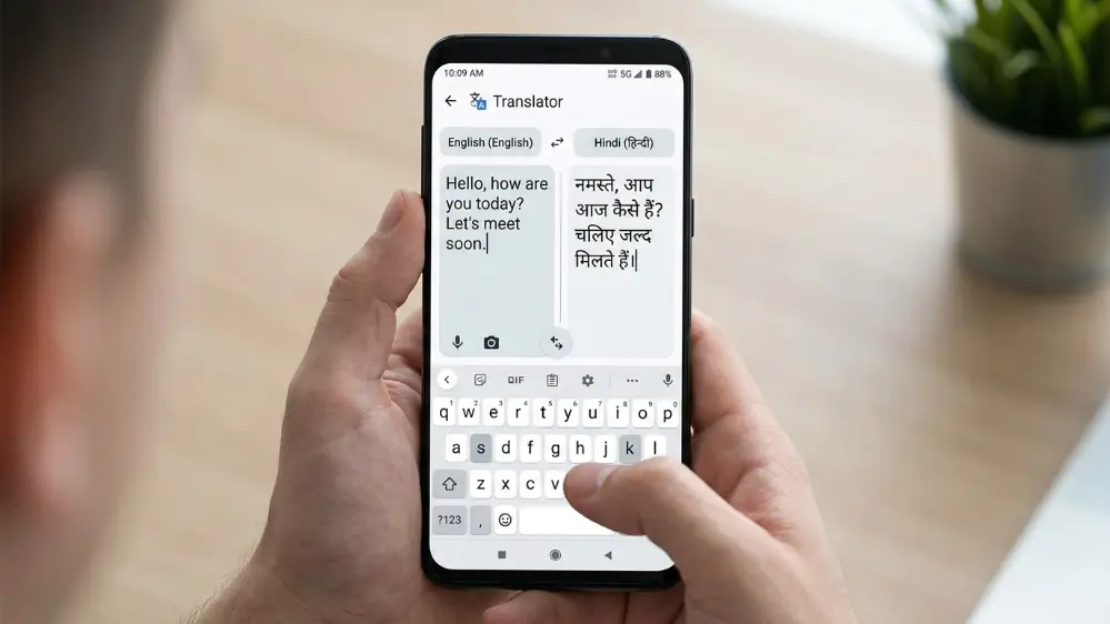 Phone screen showing English text translated into Hindi script