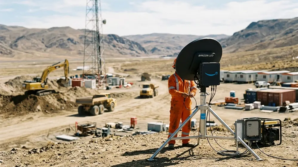 Amazon Leo Explained: Is Amazon's New Satellite Internet a Starlink Rival? 7 Remote worksite using Amazon Leo satellite connectivity for enterprise operations