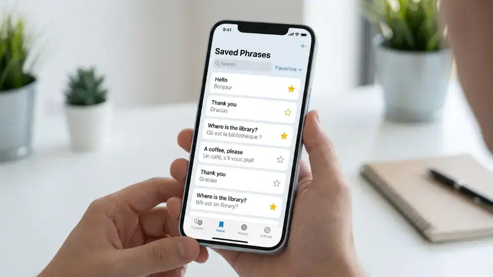Saved translated phrases list with star icons in Google Translate