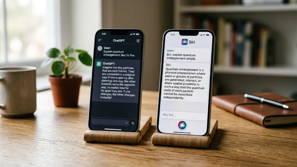 ChatGPT vs the New Siri: Which AI Assistant Actually Answers Better? 3 Side by side smartphones comparing ChatGPT and Siri AI chat interfaces