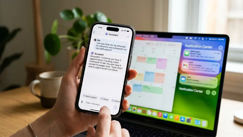Siri AI interface pulling context from calendar messages and photos