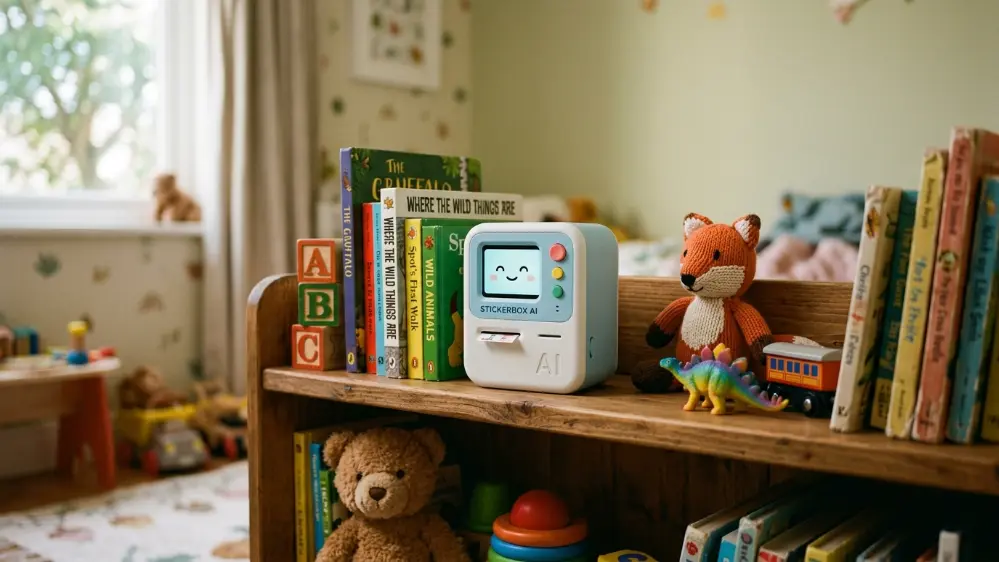 Stickerbox AI toy displayed among other toys on a shelf