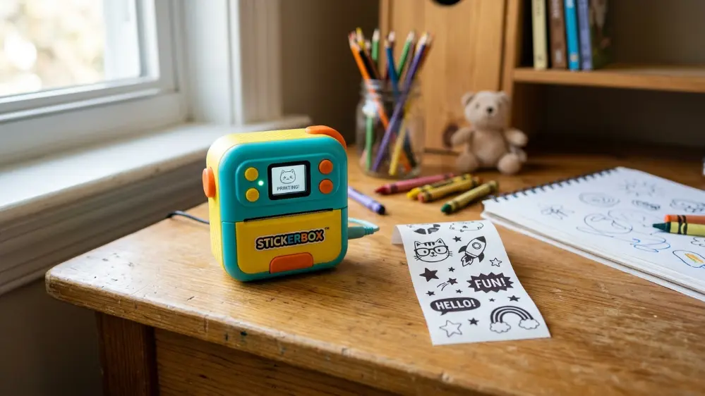 What Is Stickerbox? The AI Toy Turning Kids' Words Into Stickers 50 Stickerbox AI toy sticker printer on a kid's desk