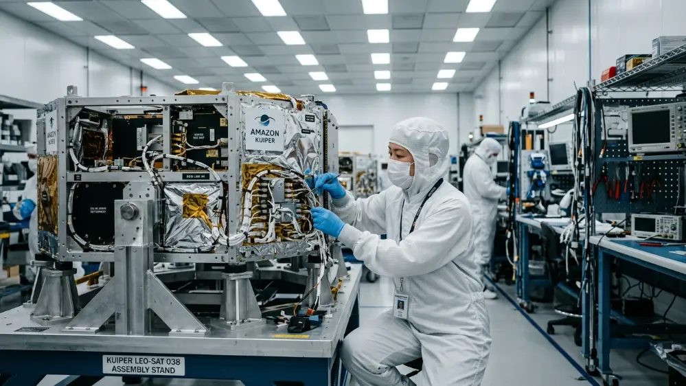 Amazon Leo Explained: Is Amazon's New Satellite Internet a Starlink Rival? 6 Technicians assembling Amazon Leo satellites in a manufacturing facility