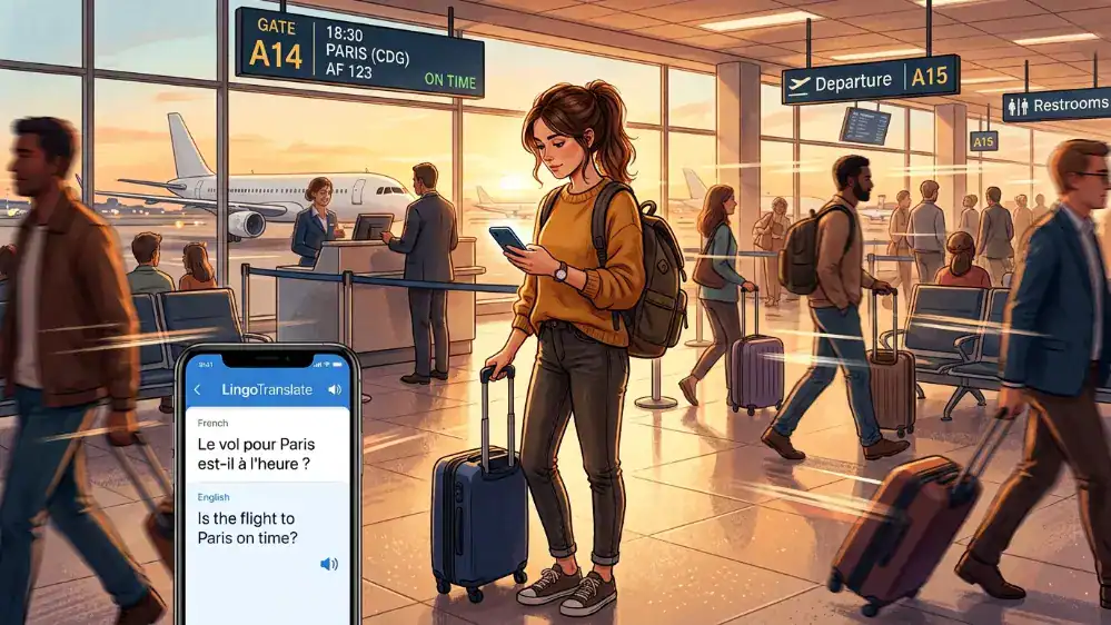 Google Translate App: The Complete Guide 3 Traveler at an airport gate using the Google Translate app